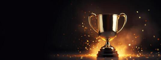 , Winner trophy with flames, golden champion cup with falling confetti on dark background photo