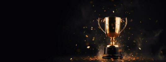 Generative AI, Winner trophy with flames, golden champion cup with falling confetti on dark background photo