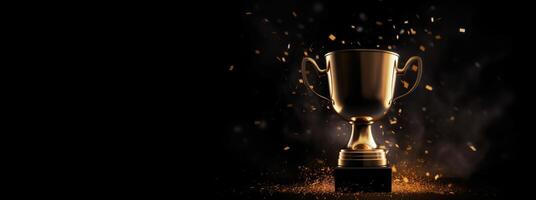 , Winner trophy with flames, golden champion cup with falling confetti on dark background photo