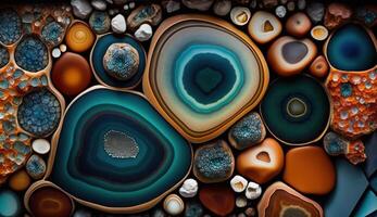 Generative AI, natural volcanic agate stones close-up turquoise, brown and orange texture. Wallpaper background, quartz marble, decorative rock pattern photo