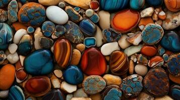 Generative AI, natural volcanic agate stones close-up turquoise, brown and orange texture. Wallpaper background, quartz marble, decorative rock pattern photo