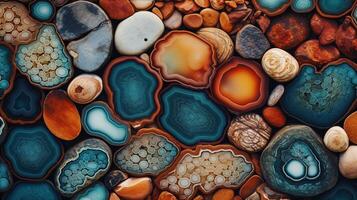 Generative AI, natural volcanic agate stones close-up turquoise, brown and orange texture. Wallpaper background, quartz marble, decorative rock pattern photo