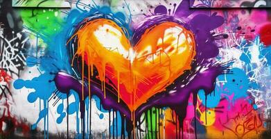 Generative AI, Colorful heart as graffiti love symbol on the wall, street art. Melted paint. photo