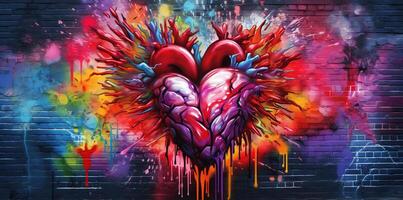 Generative AI, Colorful heart as graffiti love symbol on the wall, street art. Melted paint. photo