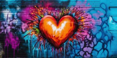 Generative AI, Colorful heart as graffiti love symbol on the wall, street art. Melted paint. photo