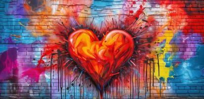 Generative AI, Colorful heart as graffiti love symbol on the wall, street art. Melted paint. photo