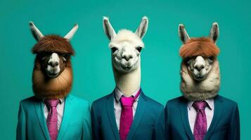 Generative AI, Group of business alpacas or lamas, funny animals. Individuality, independence, think different, creative idea, teamwork and confidence. photo