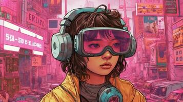 generativo ai, persona en anteojos, cyberpunk anime estilo inspirado por josan gonzalez ligero amarillo y rosado colores, virtual realidad concepto foto