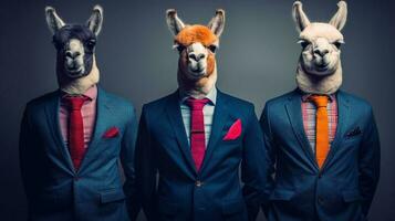 Generative AI, Group of business alpacas or lamas, funny animals. Individuality, independence, think different, creative idea, teamwork and confidence. photo