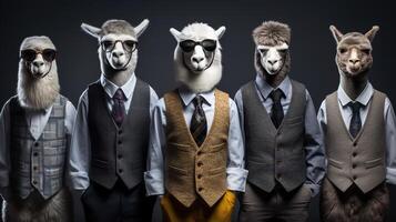 generativo ai, grupo de negocio alpacas o llamas, gracioso animales individualidad, independencia, pensar diferente, creativo idea, trabajo en equipo y confianza. foto