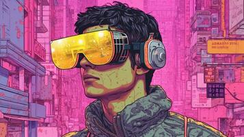 Generative AI, person in glasses, cyberpunk anime style inspired by Josan Gonzalez. Light yellow and pink colors, virtual reality concept photo