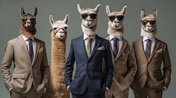 Generative AI, Group of business alpacas or lamas, funny animals. Individuality, independence, think different, creative idea, teamwork and confidence. photo