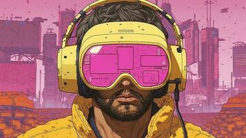 Generative AI, person in glasses, cyberpunk anime style inspired by Josan Gonzalez. Light yellow and pink colors, virtual reality concept photo