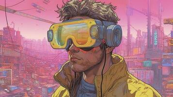 Generative AI, person in glasses, cyberpunk anime style inspired by Josan Gonzalez. Light yellow and pink colors, virtual reality concept photo