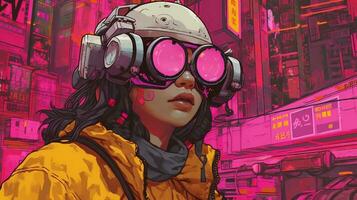 Generative AI, person in glasses, cyberpunk anime style inspired by Josan Gonzalez. Light yellow and pink colors, virtual reality concept photo