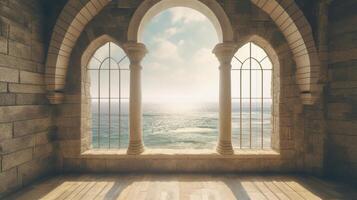, historic medieval stone arch windows with romantic view of sea or ocean, summer landscape background. photo