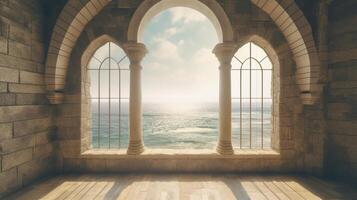 Generative AI, historic medieval stone arch windows with romantic view of sea or ocean, summer landscape background. photo