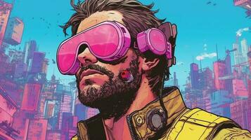 generativo ai, persona en anteojos, cyberpunk anime estilo inspirado por josan gonzalez ligero amarillo y rosado colores, virtual realidad concepto foto