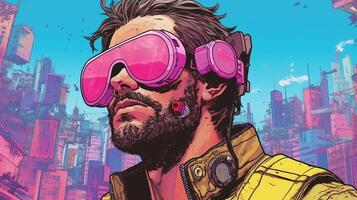 generativo ai, persona en anteojos, cyberpunk anime estilo inspirado por josan gonzalez ligero amarillo y rosado colores, virtual realidad concepto foto