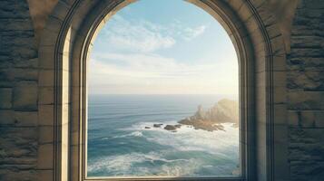 , historic medieval stone arch windows with romantic view of sea or ocean, summer landscape background. photo