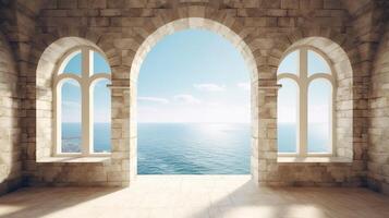 Generative AI, historic medieval stone arch windows with romantic view of sea or ocean, summer landscape background. photo