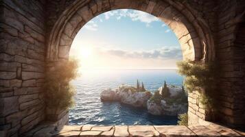 generativo ai, histórico medieval Roca arco ventanas con romántico ver de mar o océano, verano paisaje antecedentes. foto