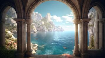 , historic medieval stone arch windows with romantic view of sea or ocean, summer landscape background. photo