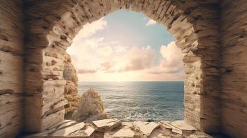 Generative AI, historic medieval stone arch windows with romantic view of sea or ocean, summer landscape background. photo