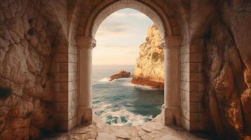 Generative AI, historic medieval stone arch windows with romantic view of sea or ocean, summer landscape background. photo