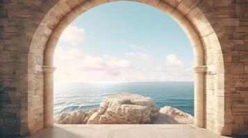 , historic medieval stone arch windows with romantic view of sea or ocean, summer landscape background. photo