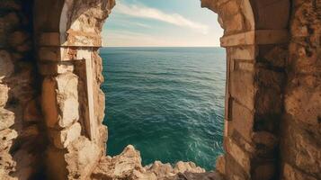 , historic medieval stone arch windows with romantic view of sea or ocean, summer landscape background. photo