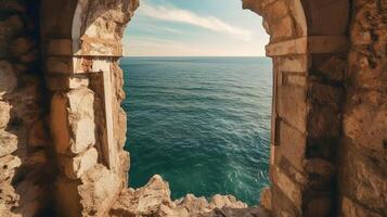 generativo ai, histórico medieval Roca arco ventanas con romántico ver de mar o océano, verano paisaje antecedentes. foto