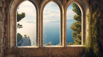 Generative AI, historic medieval stone arch windows with romantic view of sea or ocean, summer landscape background. photo