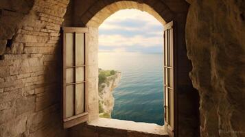 generativo ai, histórico medieval Roca arco ventanas con romántico ver de mar o océano, verano paisaje antecedentes. foto