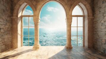 Generative AI, historic medieval stone arch windows with romantic view of sea or ocean, summer landscape background. photo