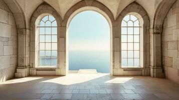 Generative AI, historic medieval stone arch windows with romantic view of sea or ocean, summer landscape background. photo