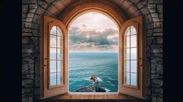 , historic medieval stone arch windows with romantic view of sea or ocean, summer landscape background. photo