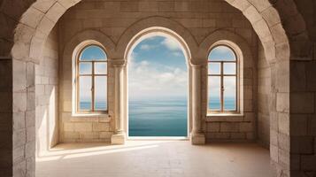 Generative AI, historic medieval stone arch windows with romantic view of sea or ocean, summer landscape background. photo