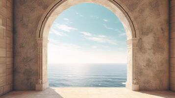 Generative AI, historic medieval stone arch windows with romantic view of sea or ocean, summer landscape background. photo