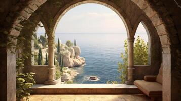 Generative AI, historic medieval stone arch windows with romantic view of sea or ocean, summer landscape background. photo