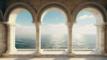 Generative AI, historic medieval stone arch windows with romantic view of sea or ocean, summer landscape background. photo