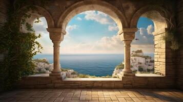 Generative AI, historic medieval stone arch windows with romantic view of sea or ocean, summer landscape background. photo