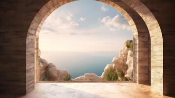 Generative AI, historic medieval stone arch windows with romantic view of sea or ocean, summer landscape background. photo