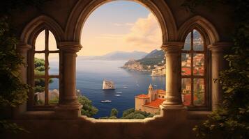 , historic medieval stone arch windows with romantic view of sea or ocean, summer landscape background. photo