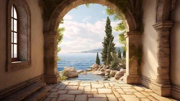 Generative AI, historic medieval stone arch windows with romantic view of sea or ocean, summer landscape background. photo