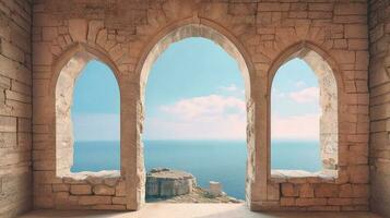 Generative AI, historic medieval stone arch windows with romantic view of sea or ocean, summer landscape background. photo