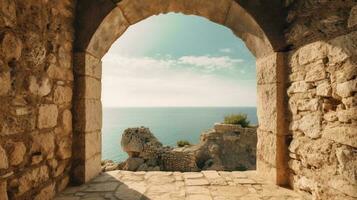 generativo ai, histórico medieval Roca arco ventanas con romántico ver de mar o océano, verano paisaje antecedentes. foto