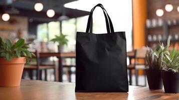 Generative AI, Realistic black tote canvas fabric bag set-up in at cafe, coffee shop interior, mock up blank. photo