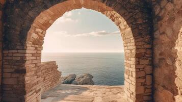 generativo ai, histórico medieval Roca arco ventanas con romántico ver de mar o océano, verano paisaje antecedentes. foto