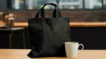 Generative AI, Realistic black tote canvas fabric bag set-up in at cafe, coffee shop interior, mock up blank. photo